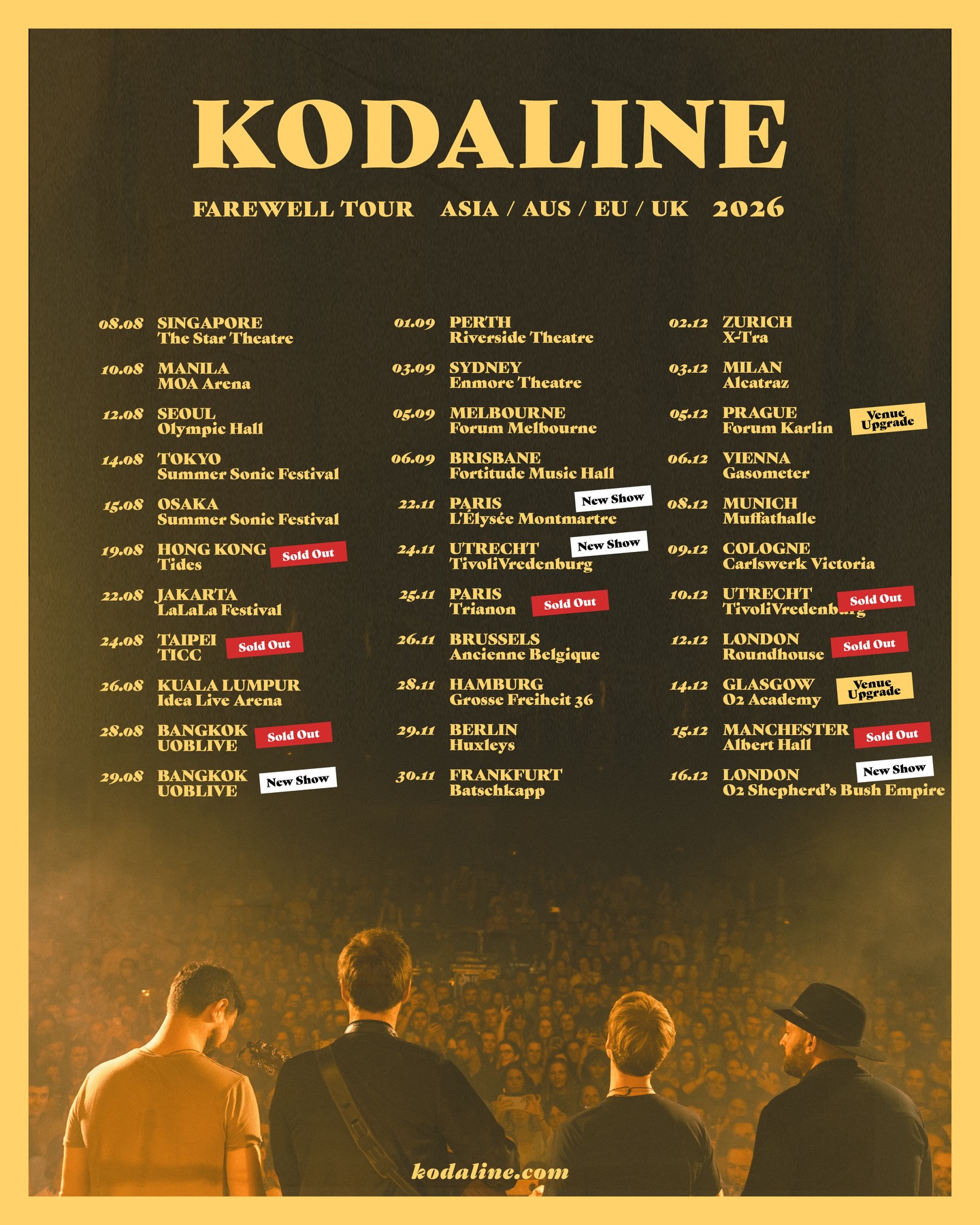 Due to demand we’ve added some more shows to our farewell tour and also upgraded some venues in the UK and EU, all on sale tomorrow, 10am local.

Bangkok second date on sale + Manila is also on sale now.